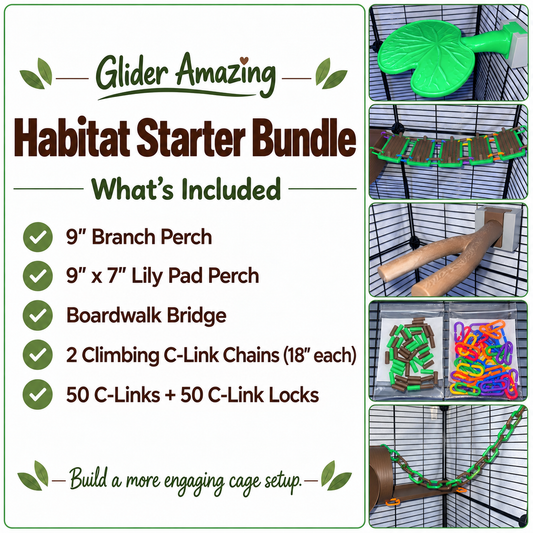 Promotional graphic for the Glider Amazing Habitat Starter Bundle, showing a large text panel listing included items and five inset photos demonstrating the accessories in use inside a small cage.