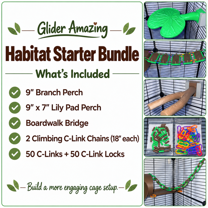 Promotional graphic for the Glider Amazing Habitat Starter Bundle, showing a large text panel listing included items and five inset photos demonstrating the accessories in use inside a small cage.