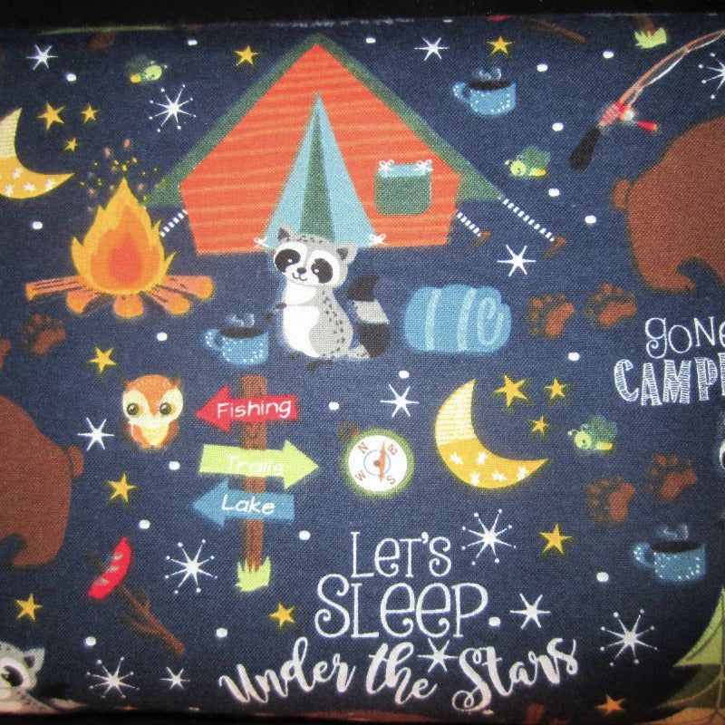 Close-up of woodland critters fabric featuring forest animals and woodsy images, used in sugar glider cage accessories.