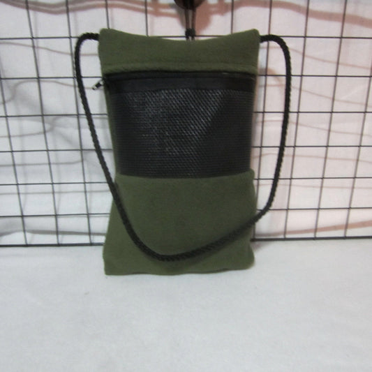 Handmade forest green fleece sugar glider bonding pouch with mesh window, 24-inch carry strap, and 8-inch zipper, designed for small pet comfort and safety.
