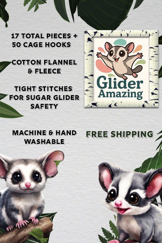 Cartoon sugar gliders with product descriptions showcasing cage sets, pouches, and accessories for happy, healthy glider care.